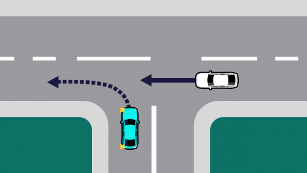 Car at an intersection indicating they want to turn left, while a car is coming from their right
