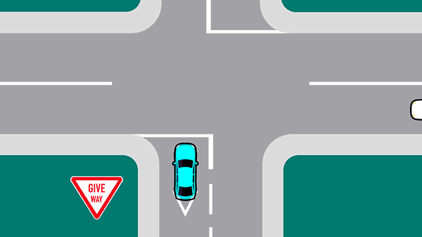 Animation showing a blue car stopped at a Give Way sign with it's left indicators on. A white car passes from the right and the blue car then turns left into the road.