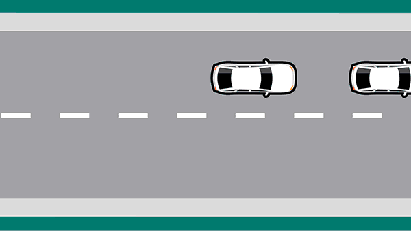 Animation showing a blue car aproaching white cars that have stopped in the lane. The white cars move on, but the blue car stalls. A white car approaches from behind and stops behind the stall blue car before it restarts and moves on.