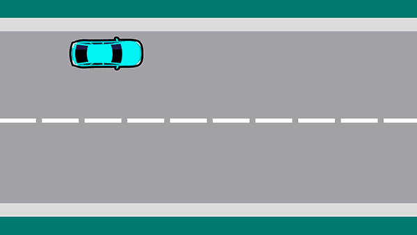 Animation of a blue car pulled over to the left side of the road, indicating right, then turning into the opposite lane, reversing a bit, then moving forward fully into the lane going in the opposite direction.