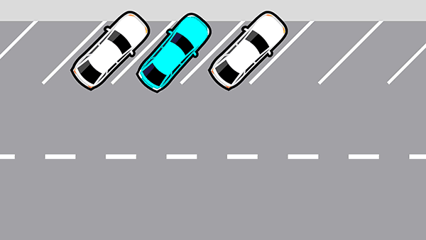 Animation of a blue car reversing out of an angled park, indicating right, then moving forward into the lane.