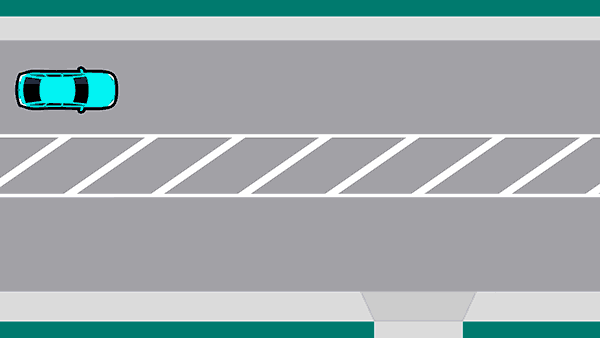 Animation showing various examples of a blue car moving into a flush median when turning in and out of a driveway.