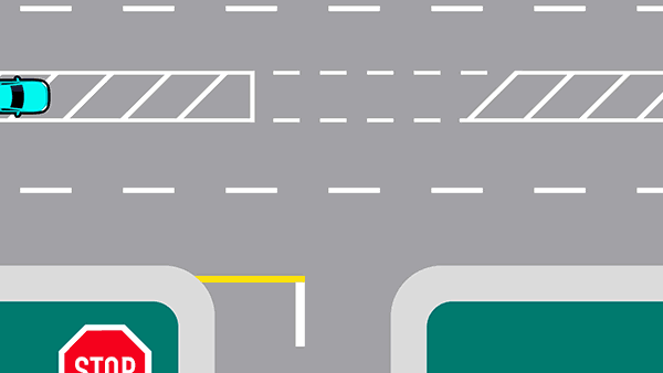 Animation of a blue car pulling into a centre lane with right indicators flashing. A white oncoming car drives past, then the blue car turns right into the side street