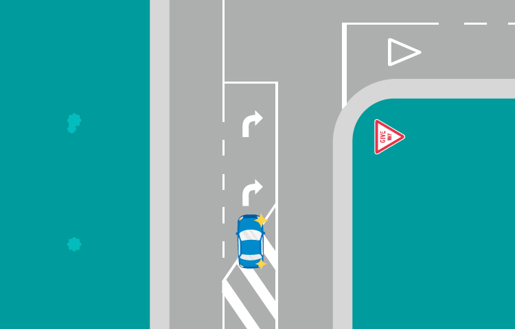 Illustration of a vehicle in a turning bay, indicating that they are about to turn into a right side street