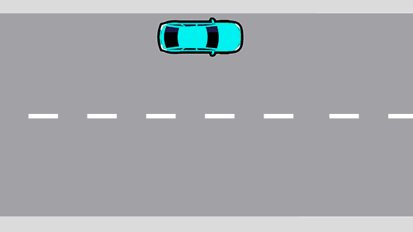 Animation of a parked car indicating right then pulling into the lane, then indicating left and pulling over to the side of the road.