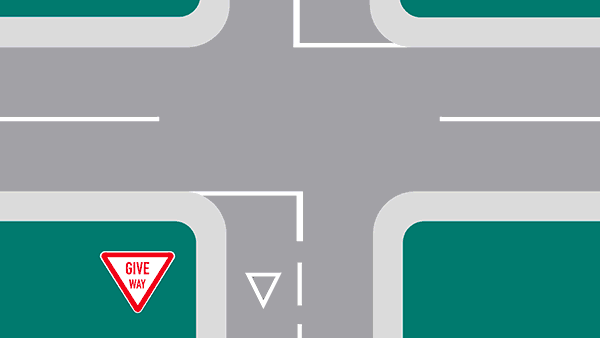 Animation showing a blue car stopped at a Give Way sign with it's right indicators on. A white car passes from the right and another from the left. Then the blue car then turns right into the road, driving on the left lane.