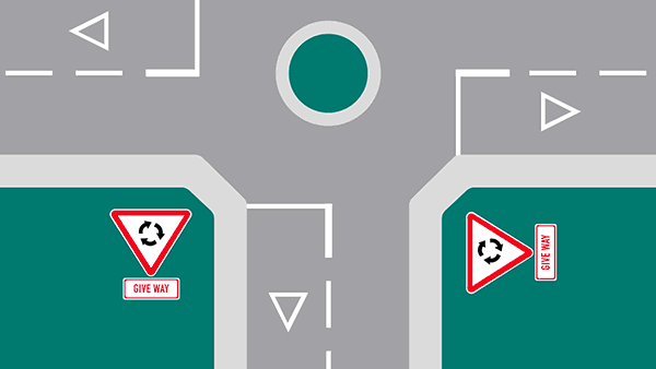 Animation of a blue car approaching a roundabout with it's right indicators on.With in cars on the right of the intersection, the blue car travels around the roundabout keeping left and once it passes the last lane of traffic it indicates left for 3 seconds before exiting the roundabout.
