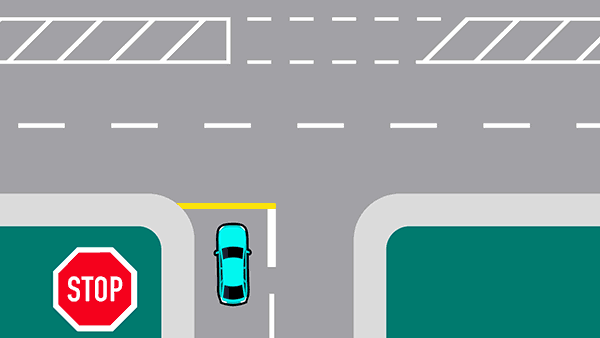 Animation of a blue car waiting at a stop sign with right indicators on. Two white cars pass from the right, then the blue car turns right into the closest left lane.