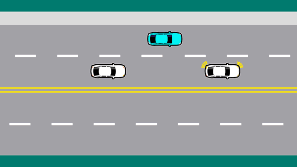 Animation showing a blue car in the left lane indicating right as it approaches the end of the lane as it merges into one lane. Two white cars in the right lane indicate left and leave enough of a gap to allow the blue car to enter as the lanes merges into one lane.