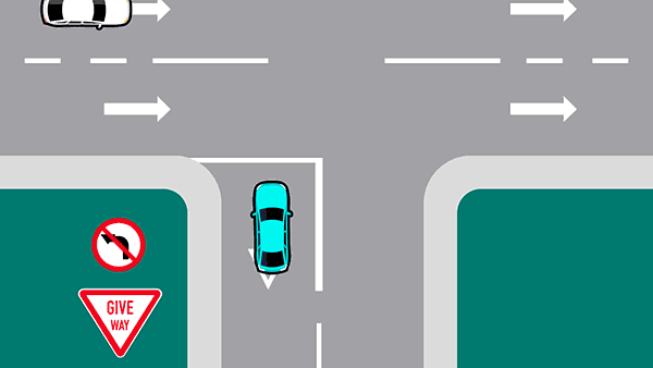 Animation of a blue car stopped at a Give Way sign indicating to turn right into a multi-laned one-way street. Two white cars drive past and the road is clear for the blue car to turn right into the nearest lane.