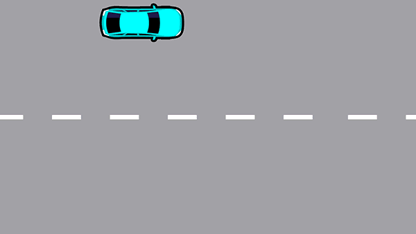 Animation of a blue car pulling over the the left, indicating right and turning into the lane travelling in the opposite direction.