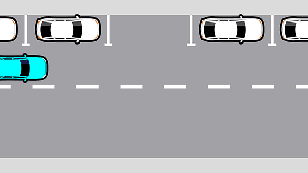 Animation of a blue car pulling up to a parallel park with it's left indicators on. It stops alongside the car in front of the park, then reverses into the space.