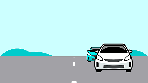 Animation of a blue car overtaking a white car using the right indicator to move into the oncoming lane followed by their left indicator to move back into the original lane